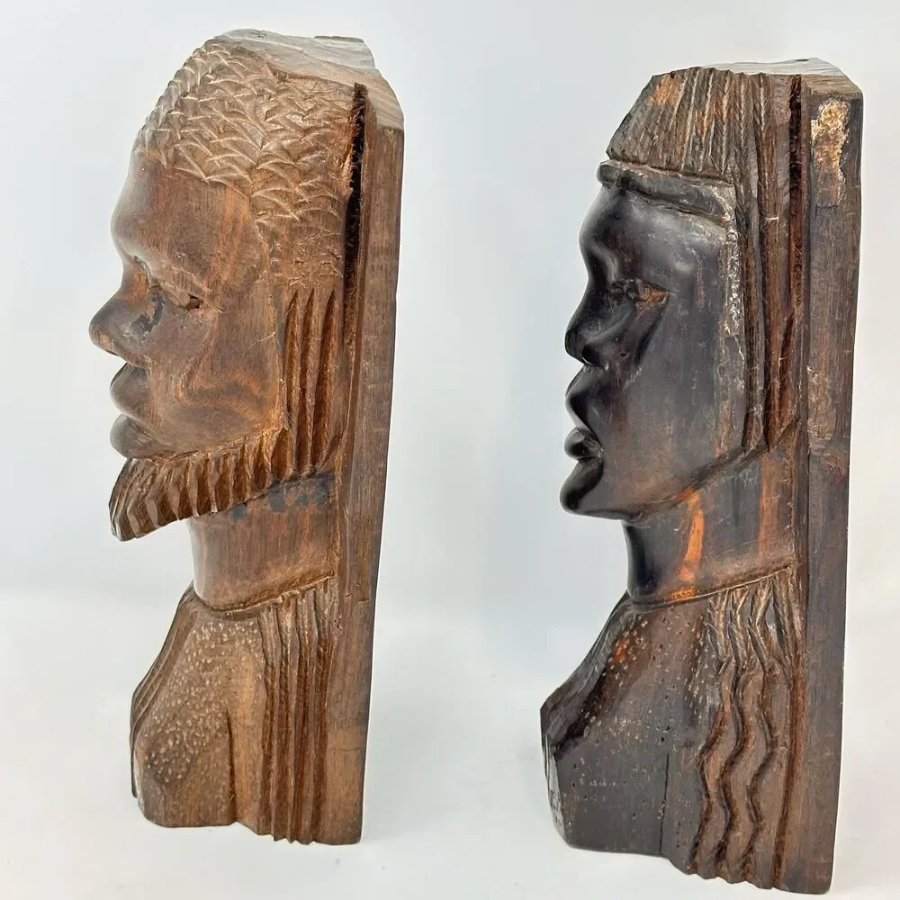 Vintage African Ironwood Bookends Hand Carved Wood Tribal Head Bust Male Female